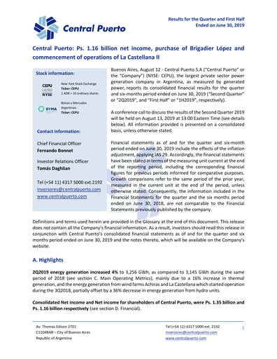 Miniature Central Puerto
 Rapport trimestriel 2019-q2