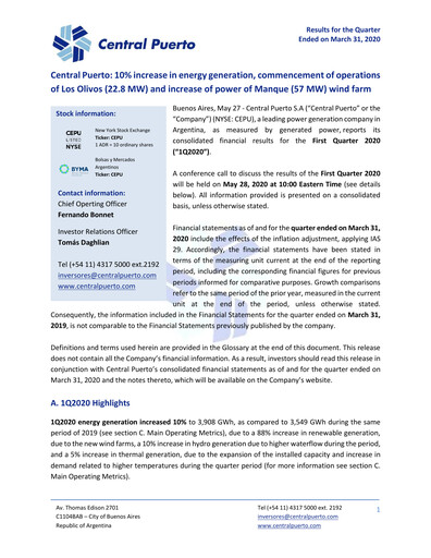 Miniature Central Puerto
 Rapport trimestriel 2020-q1