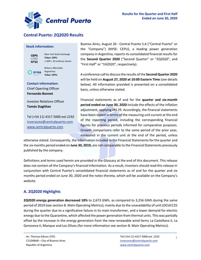 Miniature Central Puerto
 Rapport trimestriel 2020-q2