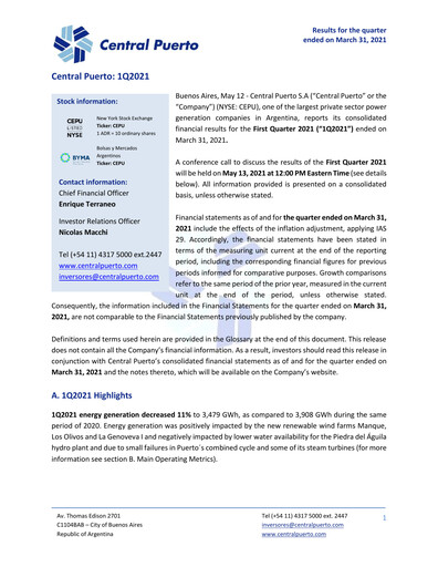 Miniature Central Puerto
 Rapport trimestriel 2021-q1