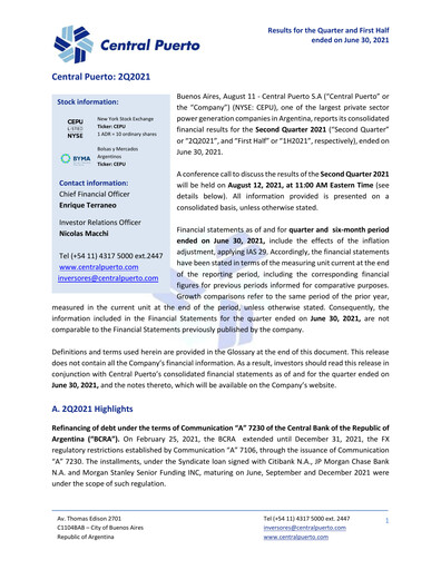 Miniature Central Puerto
 Rapport trimestriel 2021-q2