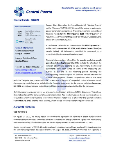 Miniature Central Puerto
 Rapport trimestriel 2021-q3
