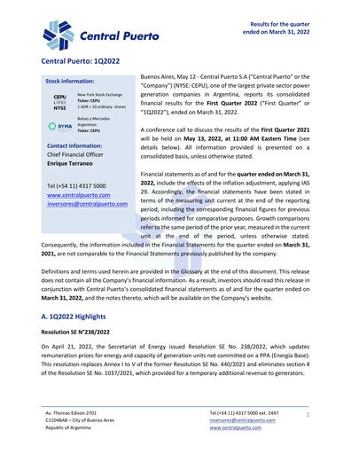 Miniature Central Puerto
 Rapport trimestriel 2022-q1