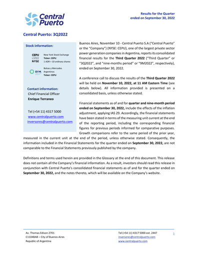 Miniature Central Puerto
 Rapport trimestriel 2022-q3