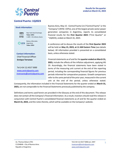 Miniature Central Puerto
 Rapport trimestriel 2023-q1