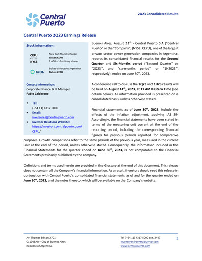 Miniature Central Puerto
 Rapport trimestriel 2023-q2