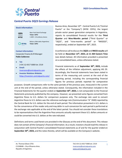 Miniature Central Puerto
 Rapport trimestriel 2023-q3