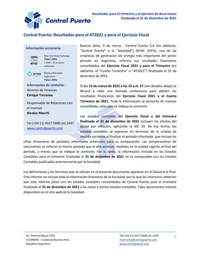 Thumbnail Central Puerto
 Quarterly Report 2021-q4