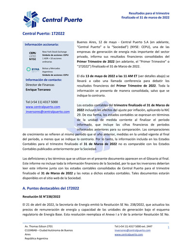 Vorschaubild Central Puerto
 Quartalsbericht 2022-q1