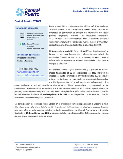Vorschaubild Central Puerto
 Quartalsbericht 2022-q3