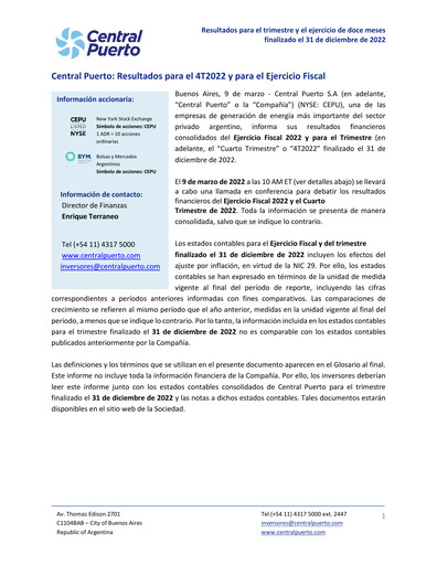 Thumbnail Central Puerto
 Quarterly Report 2022-q4