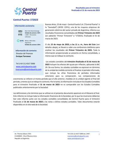 Vorschaubild Central Puerto
 Quartalsbericht 2023-q1