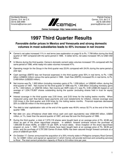 Vorschaubild Cemex Quartalsbericht 1997-q3