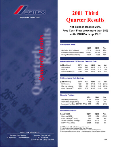 Vorschaubild Cemex Quartalsbericht 2001-q3