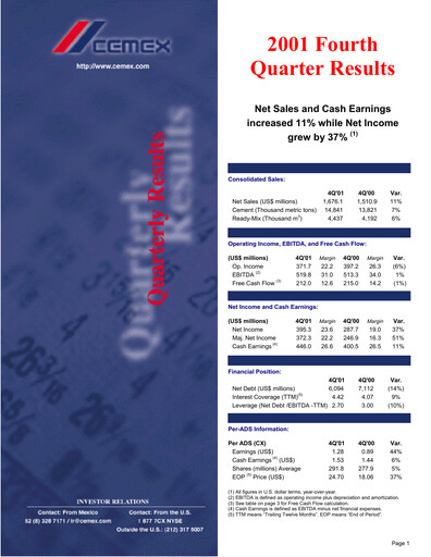 Vorschaubild Cemex Quartalsbericht 2001-q4