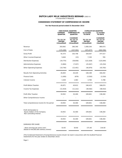 Thumbnail Dutch Lady Milk Industries Quarterly Report 2014-q4