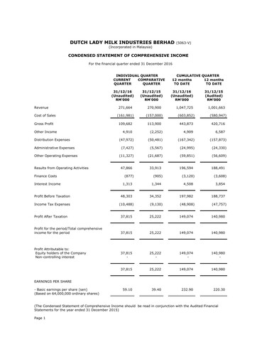 Thumbnail Dutch Lady Milk Industries Quarterly Report 2016-q4