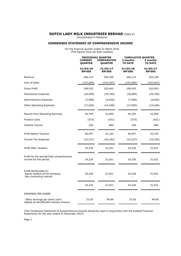 Thumbnail Dutch Lady Milk Industries Quarterly Report 2018-q1