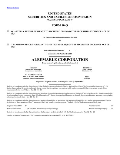 Thumbnail Albemarle Quarterly Report 2010-q3