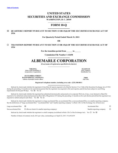 Thumbnail Albemarle Quarterly Report 2011-q1