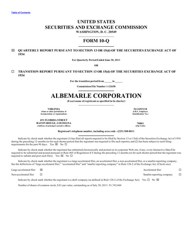 Thumbnail Albemarle Quarterly Report 2011-q2
