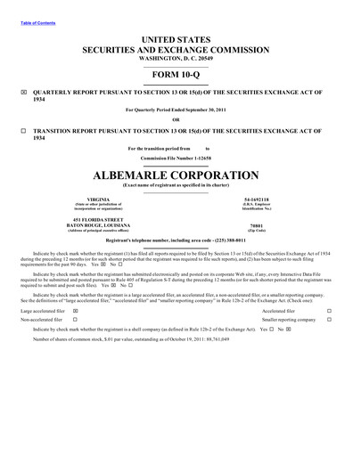 Thumbnail Albemarle Quarterly Report 2011-q3