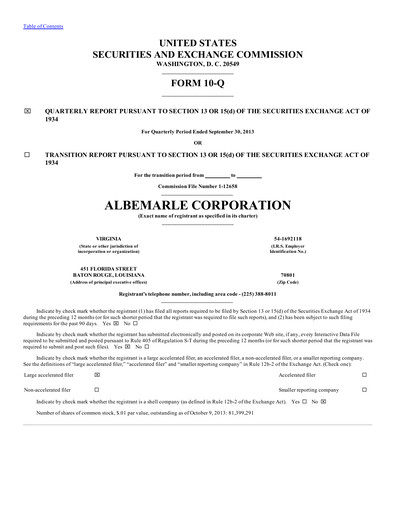 Thumbnail Albemarle Quarterly Report 2013-q3