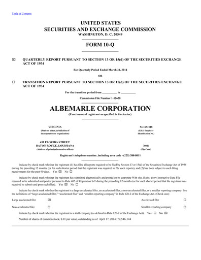 Thumbnail Albemarle Quarterly Report 2014-q1