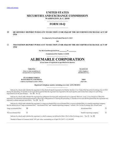 Thumbnail Albemarle Quarterly Report 2015-q1