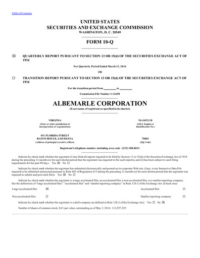 Thumbnail Albemarle Quarterly Report 2016-q1