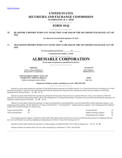 Thumbnail Albemarle Quarterly Report 2018-q3