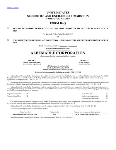 Thumbnail Albemarle Quarterly Report 2019-q1