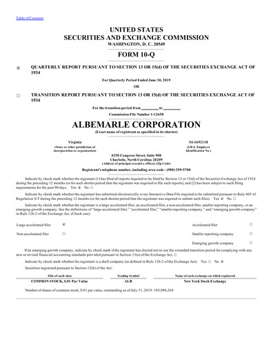 Thumbnail Albemarle Quarterly Report 2019-q2