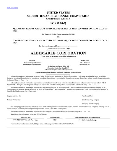 Thumbnail Albemarle Quarterly Report 2019-q3