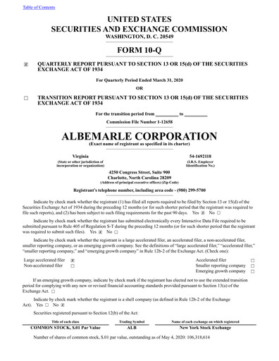 Thumbnail Albemarle Quarterly Report 2020-q1