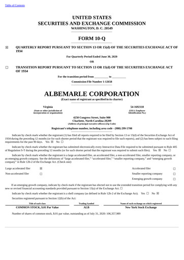 Thumbnail Albemarle Quarterly Report 2020-q2