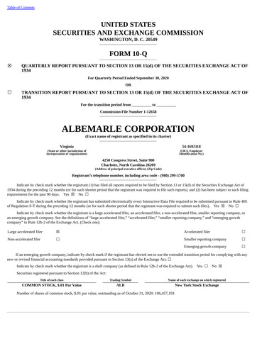 Thumbnail Albemarle Quarterly Report 2020-q3