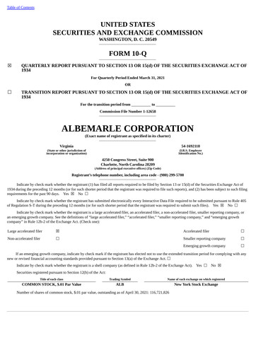 Thumbnail Albemarle Quarterly Report 2021-q1