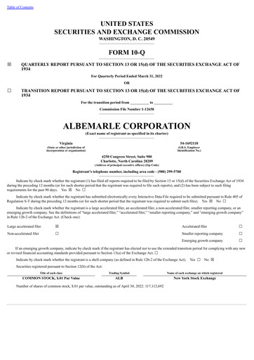 Miniature Albemarle Rapport trimestriel 2022-q1