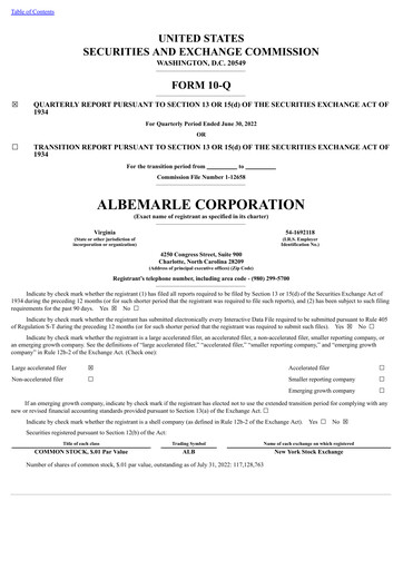Miniature Albemarle Rapport trimestriel 2022-q2