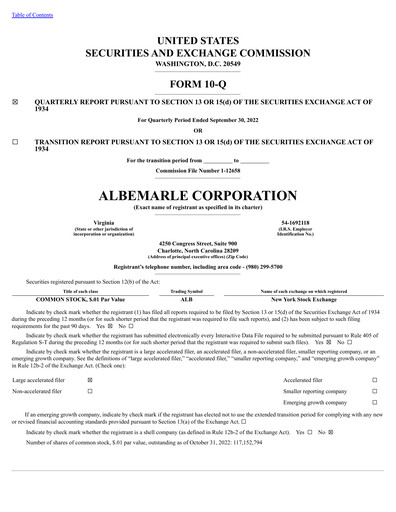 Miniature Albemarle Rapport trimestriel 2022-q3