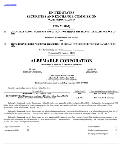 Miniature Albemarle Rapport trimestriel 2025-q2
