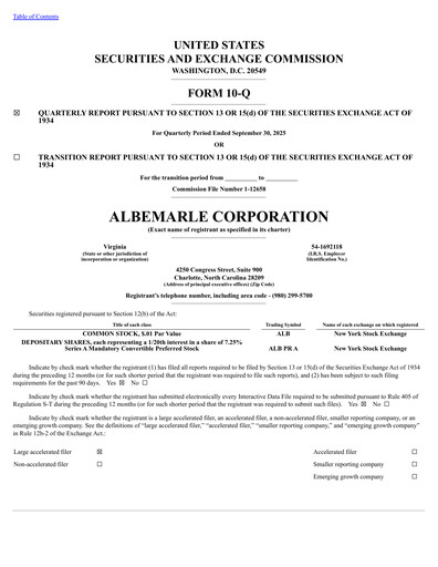 Miniature Albemarle Rapport trimestriel 2025-q3