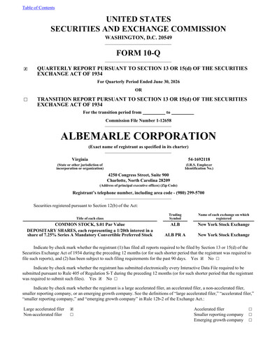Thumbnail Albemarle Quarterly Report 2026-q2