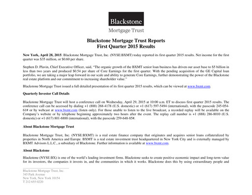 Thumbnail Blackstone Mortgage Trust
 Quarterly Report 2015-q1