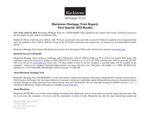 Thumbnail Blackstone Mortgage Trust
 Quarterly Report 2018-q1