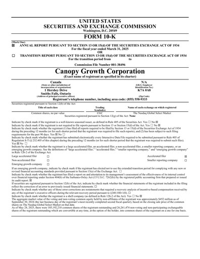 Thumbnail Canopy Growth Annual Report 2025