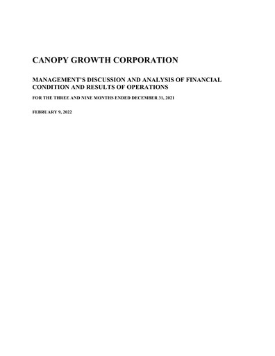 Thumbnail Canopy Growth Quarterly Report 2022-q3