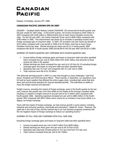 Thumbnail CPKC (Canadian Pacific Kansas City) Financial Statement 2007