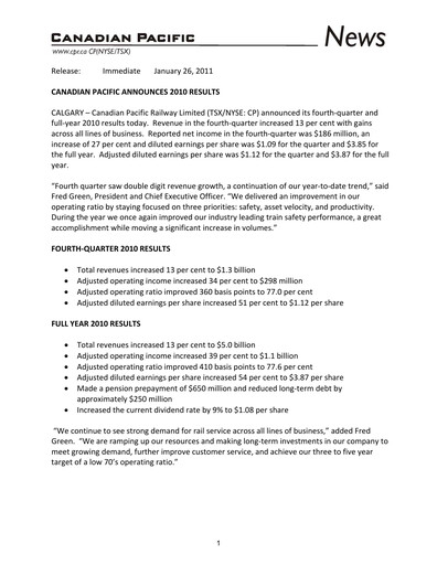 Thumbnail CPKC (Canadian Pacific Kansas City) Financial Statement 2010